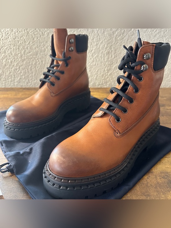 Prada Shoes - NWB Prada Cognac Vitello Re-Nylon Lug Sole Combat Boots Size 38 (US 8)